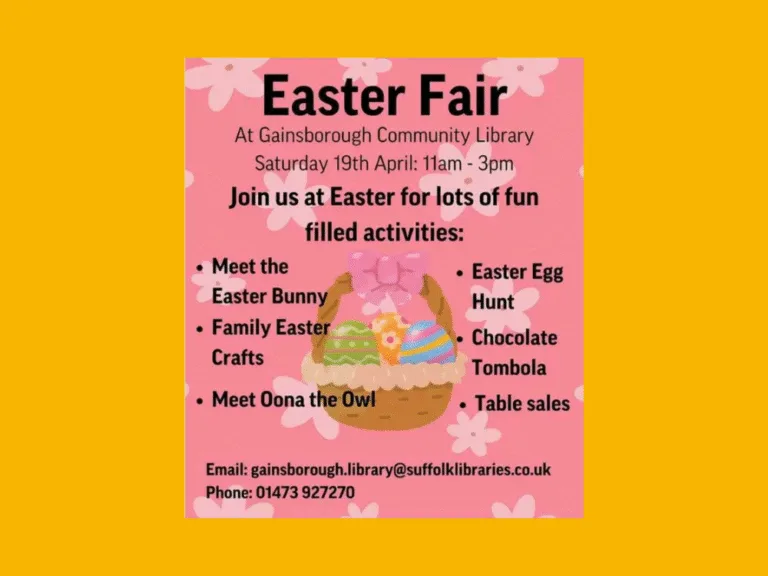 Pink bacground, Easter basket graphic and wording about all elements of an Easter Fair at Gainsborough Community Library on Saturday 19th April
