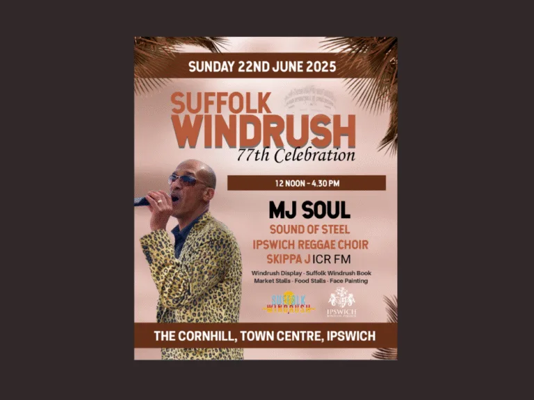 Poster promoting Suffolk Windrush celebration on Ipswich Cornhill - poster features a man singing into a microphone, wearing a leopard print jacket and sunglasses