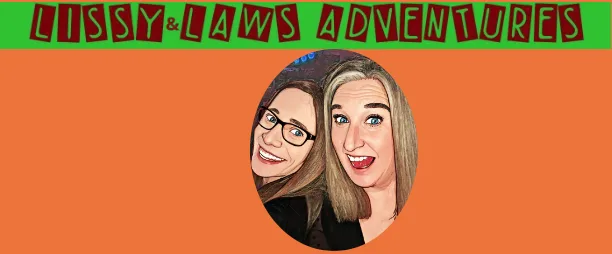 Orange background with text on a green strip background with a charicature image of Melissa and Laura