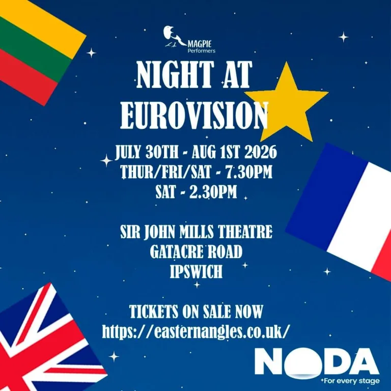 Blue poster with white text advertising Night at Eurovision interative show at Eastern Angles. Three national flags are present, as is a star graphic