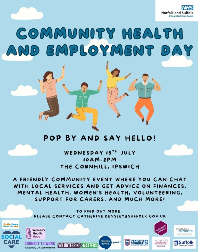 Sky and clouds background with four people leaping in the air. Copy advertises a community health and employment day