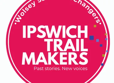 Circular pink Ipswich Trail Makers logo with the strapline "Past stories. New voices"
