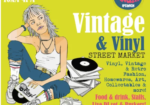 Green background. Illustrate person sitting on the floor surrounded by vinyl records and a camera. Wording promotes the Vintage and Vinyl Market in the Walk on 26th July