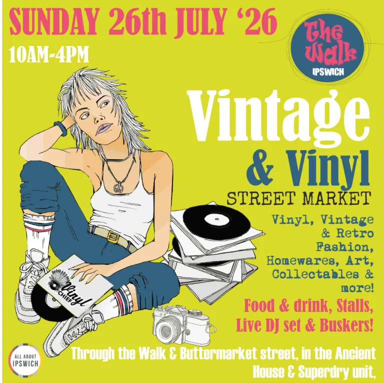 Green background. Illustrate person sitting on the floor surrounded by vinyl records and a camera. Wording promotes the Vintage and Vinyl Market in the Walk on 26th July