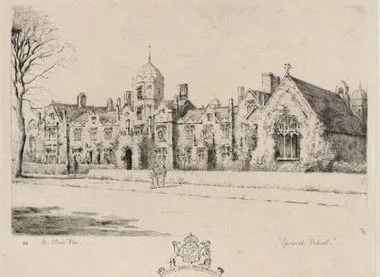 Etching of Ipswich School's Tudor-style frontage with a domed tower, a coat of arms printed beneath