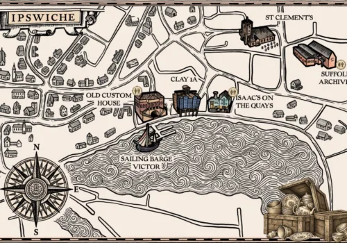 Vintage style mape of Ipswich Waterfront featuring some of the buildings - in the style of a treasure map