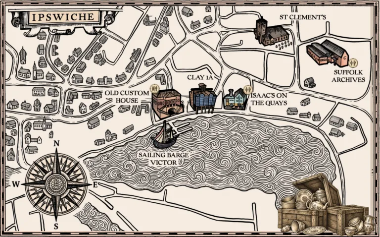 Vintage style mape of Ipswich Waterfront featuring some of the buildings - in the style of a treasure map