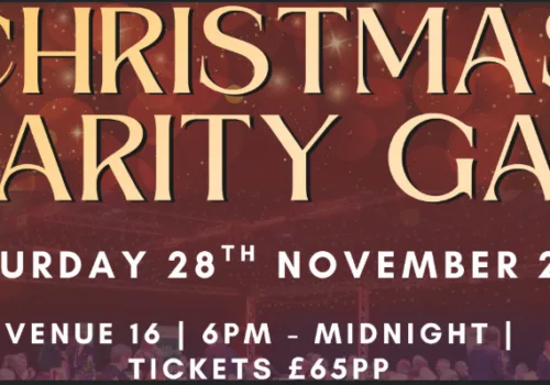 red background with muted people partying. Overlaid with gold lettering giving details of Christmas charity gala