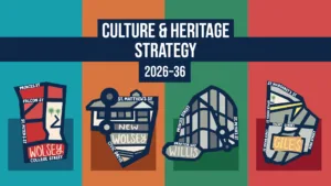 four coloured panels with illustrations representing ipswich's culture and heritage strategy sectors