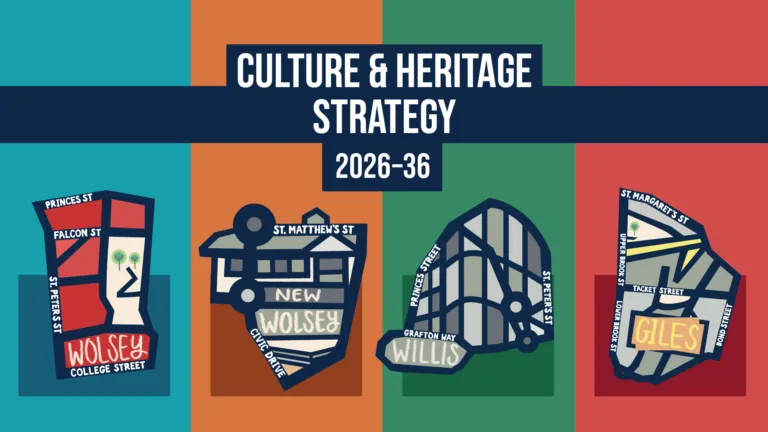 four coloured panels with illustrations representing ipswich's culture and heritage strategy sectors