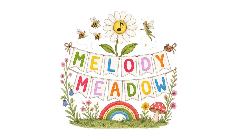 Banner with the text 'melody meadow' on each pennant. Surrounded by bees, flowers and garden features
